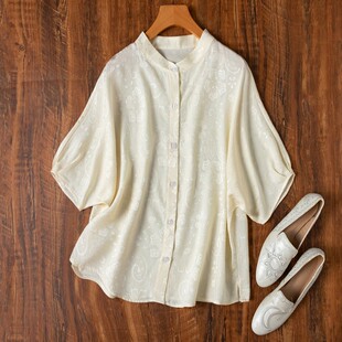 透气亲肤！真丝全孔罗！桑蚕丝小立领连肩蝙蝠袖宽松衬衫上衣女款