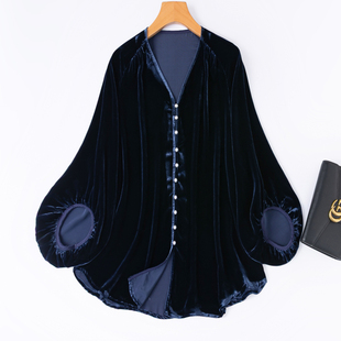 文艺深藏青真丝丝绒！V领插肩灯笼袖九分袖宽松珍珠扣衬衫秋季女