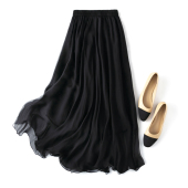 斜裁大摆不拼接 黑松紧腰长裙三层半身裙飘逸 100桑蚕丝真丝经典