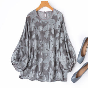 艺术灰色草染剪花绡！宽松唯美半透视真丝灯笼蝙蝠袖桑蚕丝T恤女