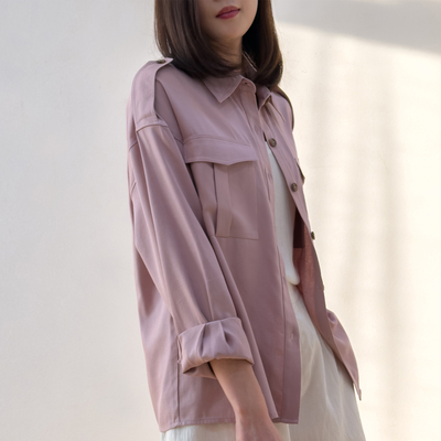 绢丝工装衬衫真丝方领上衣开衫粉