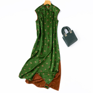 夏季旗袍“民国诗意”绿色真丝提花缎花罗香云纱立领修身连衣裙长