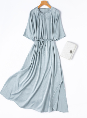 夏日软糯“蓝色梦境”人字纹弹力真丝圆领中袖长裙开叉打褶连衣裙