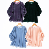 桑蚕丝圆领灯笼袖 青春色彩真丝丝绒 华丽光泽 宽松T恤上衣初秋