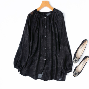 贵气松弛感！唯美真丝剪花绡插肩长袖灯笼袖宽松衬衫开衫防晒春黑