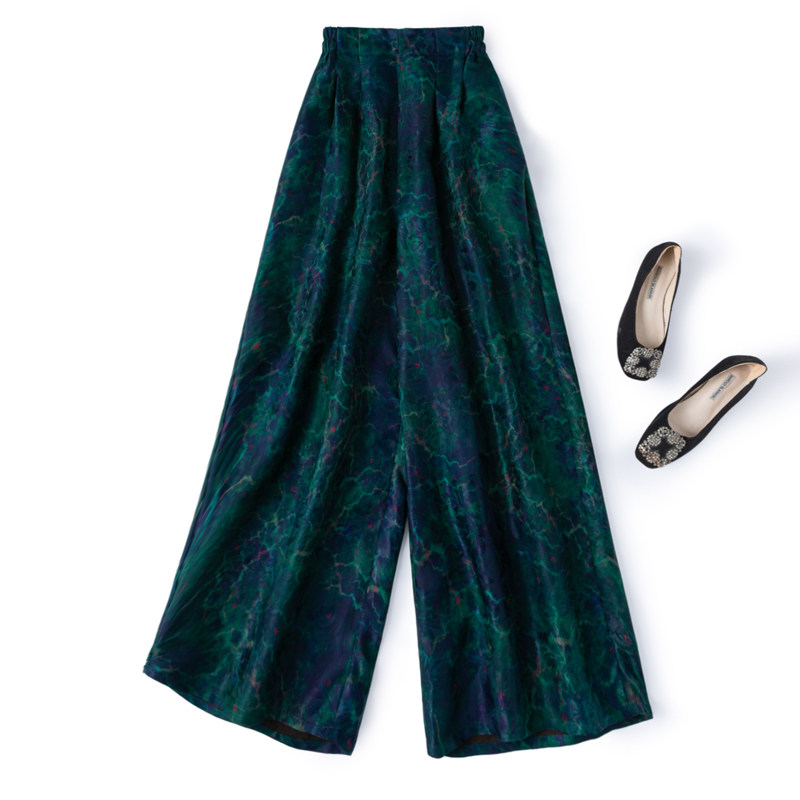&ldquo;夜色朱砂点染&rdquo;花罗提花缎香云纱大阔腿真丝松紧腰口袋长裤国风