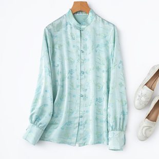 桑蚕丝流光彩金提花缎“凤穿兰花”国风立领灯笼袖真丝衬衫女春季