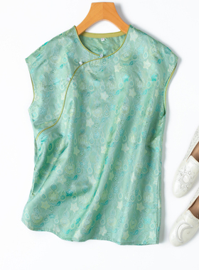 “绿地绕枝宝葫芦”艺术七彩罗宋锦！真丝宽肩斜襟新中式短袖T恤