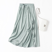 设计感 弹力桑波缎松紧腰侧开叉文艺飘逸真丝半身裙 暗纹提花