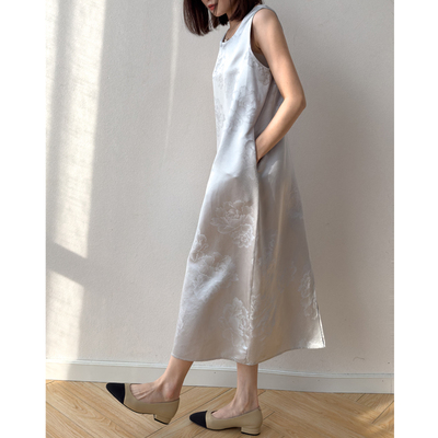 前后两穿！真丝提花缎开叉长裙