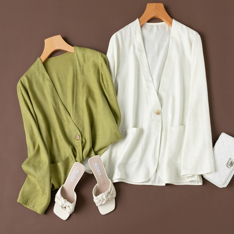 百搭通勤V领宽松西装开衫！100桑蚕丝提花绢丝长袖口袋外套女春夏