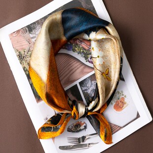 油画质感真丝桑蚕丝小方巾丝巾女教师节礼物素绉缎百搭装饰OL白领