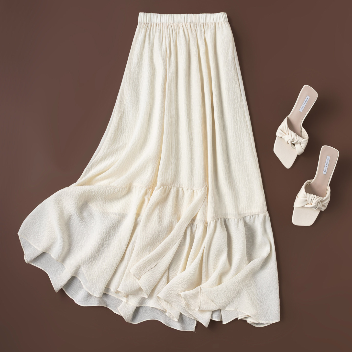 巨飘逸！桑蚕丝不规则交叠式鱼尾下摆长裙泡泡皱米白色真丝半身裙