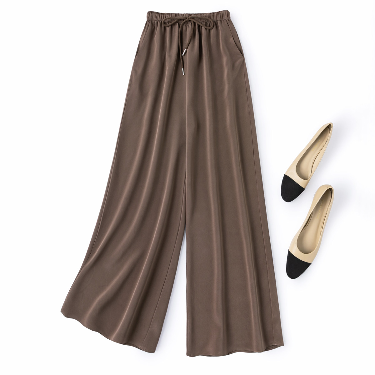 30姆米重磅真丝裤！咖啡色重绉松紧腰系带口袋阔腿裤桑蚕丝长裤女