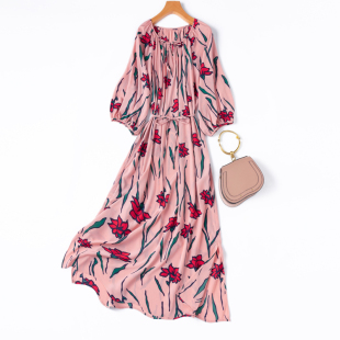 好面料真丝弹力双绉!裙长1.2米!粉嫩圆领八分灯笼袖连衣裙开叉