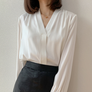 特“优雅lady”轻奢真丝V领长袖双乔缎衬衫白色法式通勤桑蚕丝