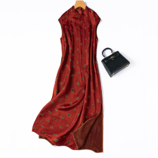 优雅暗红！夏季旗袍！真丝提花缎花罗香云纱立领修身连衣裙女长款