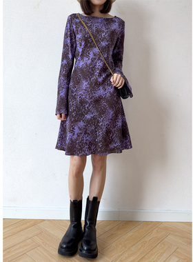 整身斜裁！时髦紫色豹纹印花喇叭袖法式真丝连衣裙女时尚复古显瘦