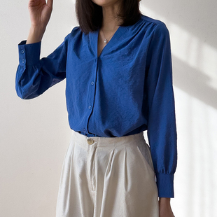 单穿V领桑蚕丝衬衣女春季 衬衫 新 宝蓝色真丝干丝drysilk长袖 很正