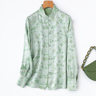 桑蚕丝流光彩金提花缎“凤穿兰花”国风立领长袖真丝衬衫春季女