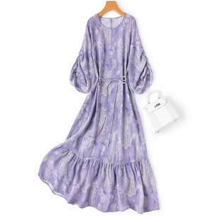 柔和暮藤紫草染！浪漫温婉鱼尾桑蚕丝灯笼袖荷叶边大摆真丝连衣裙
