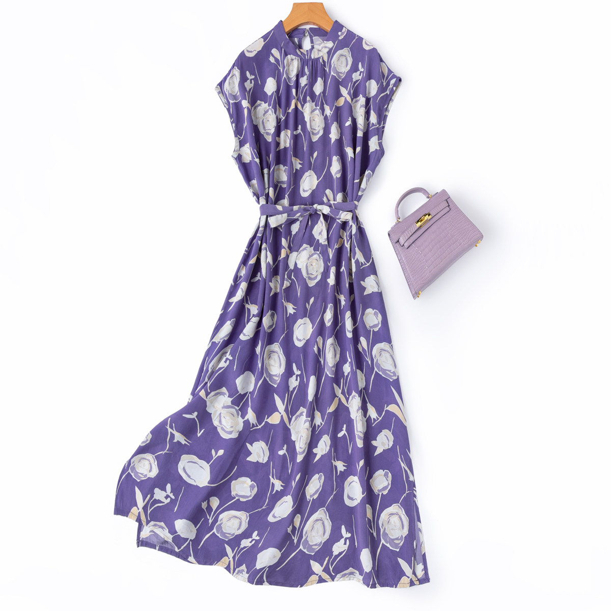 巨温柔的西梅紫！夏季桑蚕丝浪漫气质优雅立领连肩短袖真丝连衣裙