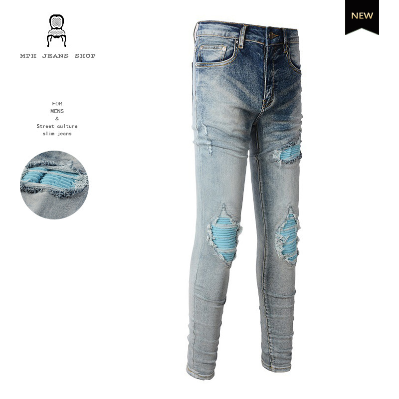 欧美潮牌高工艺水洗蓝色破洞牛仔裤 男 修身裤男牛仔裤男款弹力裤