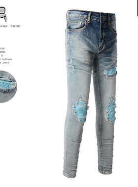 欧美潮牌高工艺水洗蓝色破洞牛仔裤 男 修身裤男牛仔裤男款弹力裤