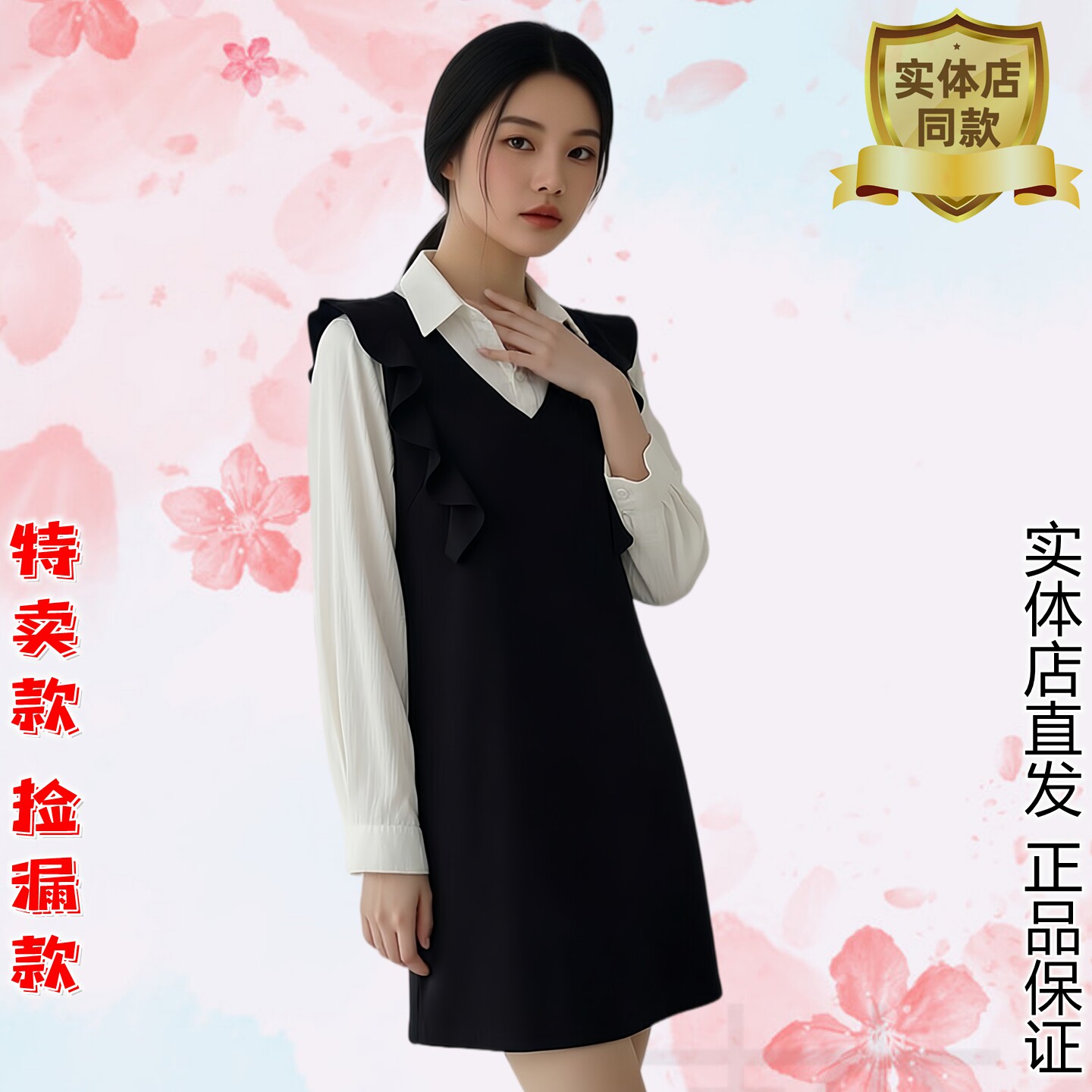 女简约荷叶边黑色衬衫领假2件套