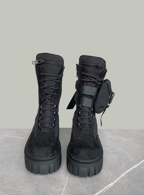 clubexx美代正品黑色中筒靴厚底靴增高靴系带装饰小收纳袋款