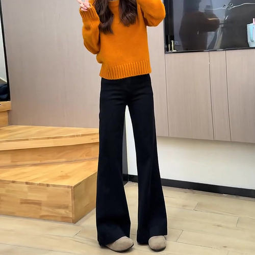 黑色微喇牛仔裤女2025秋冬加厚加绒四面弹垂感显瘦马蹄裤超模裤潮