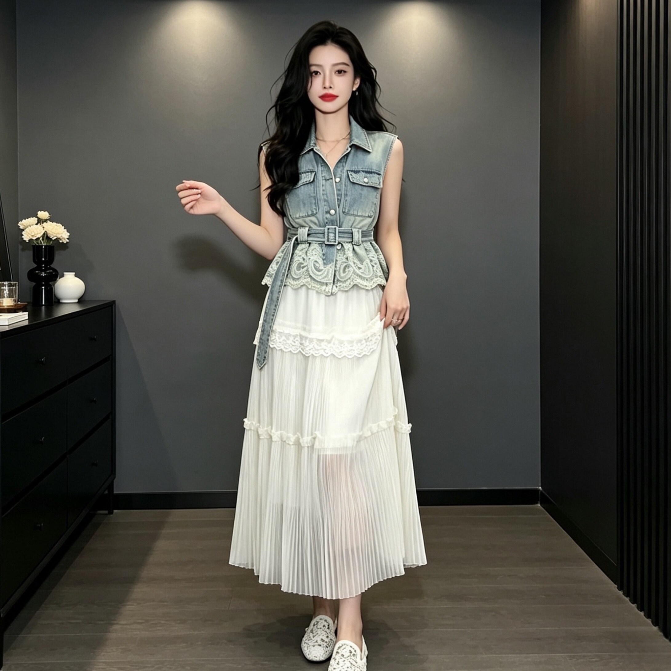 高品蓝色牛仔马甲女夏2026新款拼接蕾丝无袖上衣显瘦马夹背心裙子