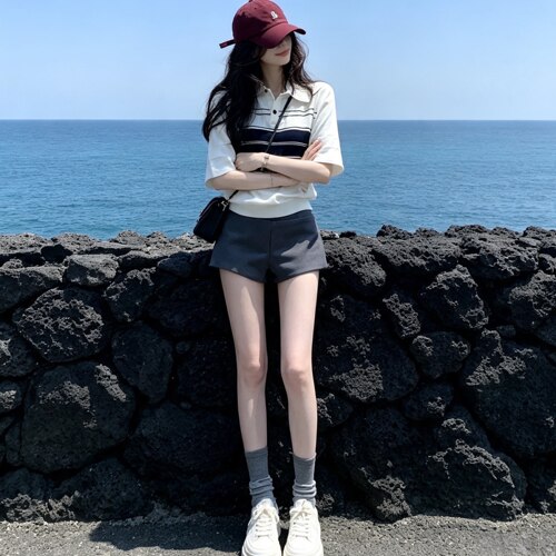 夏季韩系慵懒条纹针织短袖女装