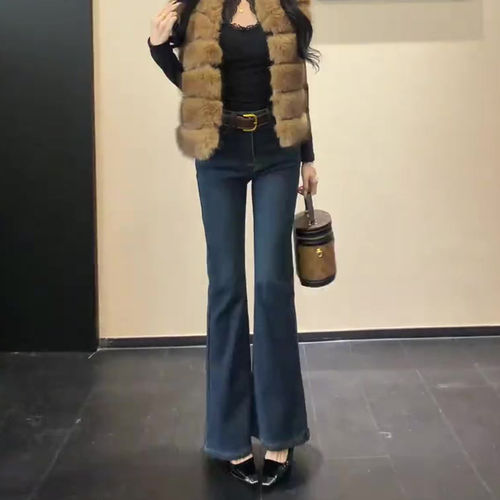 微喇牛仔裤女冬加绒加厚高腰修身显瘦复古水洗弹力超模窄版喇叭裤