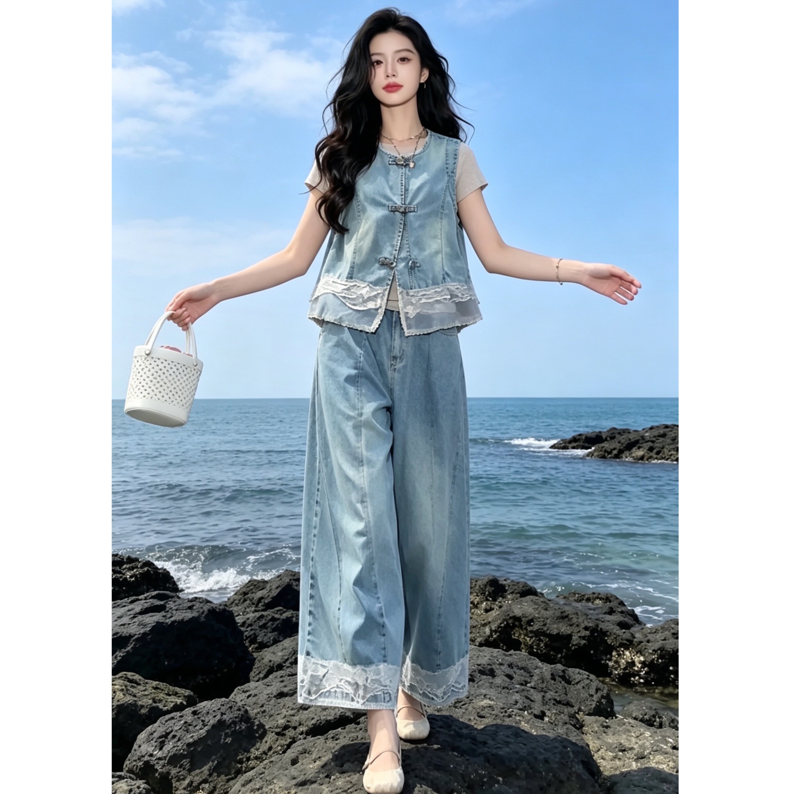 yolo宥娄•雾屿•2026夏做旧水洗软牛仔蕾丝单穿马甲休闲裤两件套图片