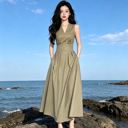 复古气质时尚轻熟夏季新款法式V领无袖收腰显瘦气质设计感连衣裙
