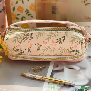 抹小茶手作|笔袋女孩ins日系印花皮质双层文具袋高颜值大容量学生
