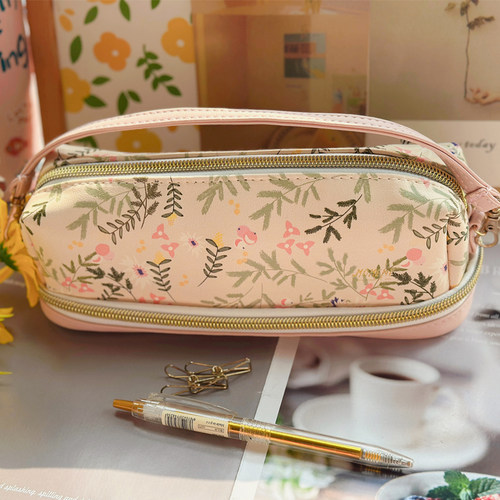 抹小茶手作双层印花韩国皮质笔袋