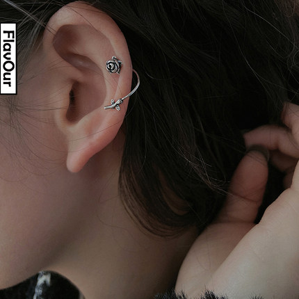 纯银s925小众设计耳环女个性法式气质ins做旧玫瑰缠绕耳骨钉耳饰