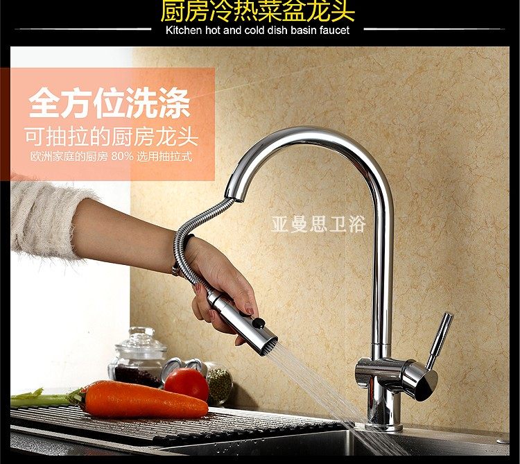 伸缩抽拉式水龙头冷热铜 厨房水槽洗菜盆抽拉水龙头带花洒