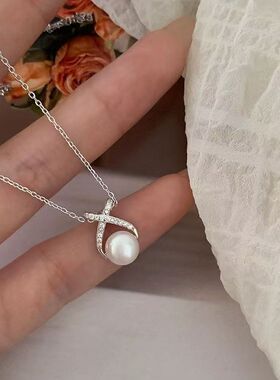 S999纯银交叉天然淡水珍珠项链女轻奢高级感闪钻吊坠精致淑女颈链