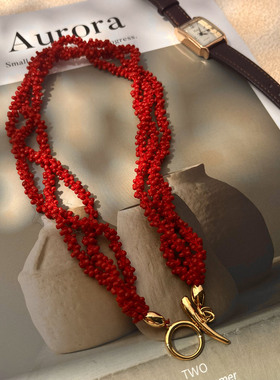 吾小历同款红色多股串珠项链