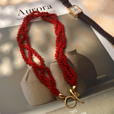 吾小历同款红色多股串珠项链