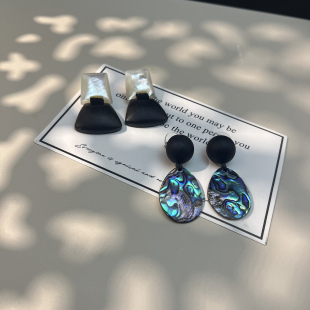 复古几何形耳环女小众设计感高级气质百搭耳钉耳饰贝壳鲍鱼贝檀木