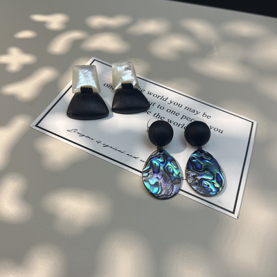 复古檀木耳环贝壳鲍鱼贝