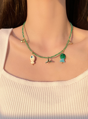 果冻海小鱼绿色串珠项链