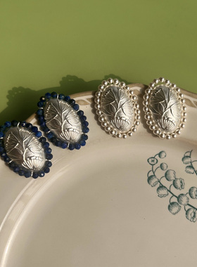 法式气质椭圆珍珠耳钉女小众高级青筋石度假风耳饰独特好看的耳环