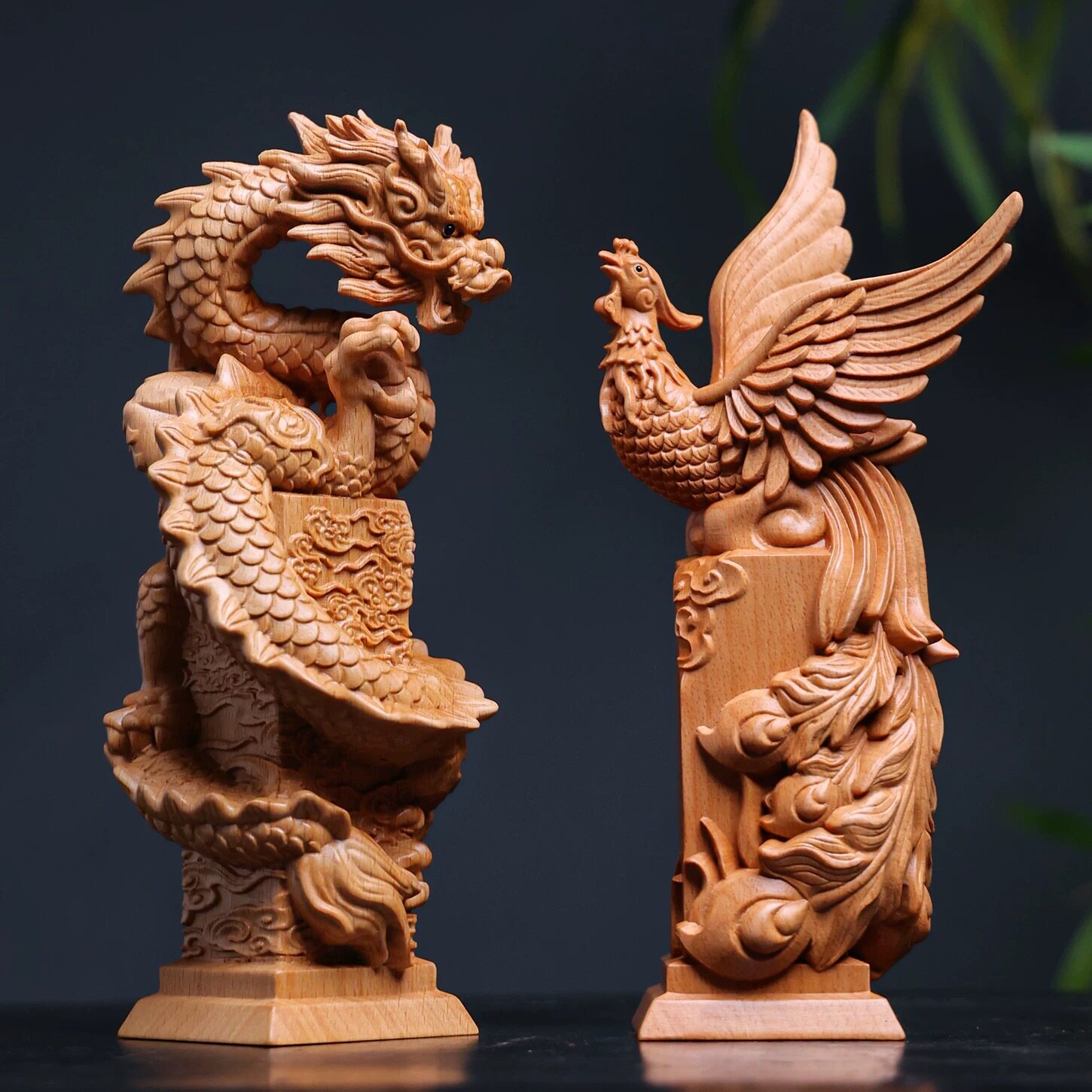 榉木精雕龙凤呈祥摆件祥龙凤凰装饰品客厅酒柜电视柜开业乔迁礼品