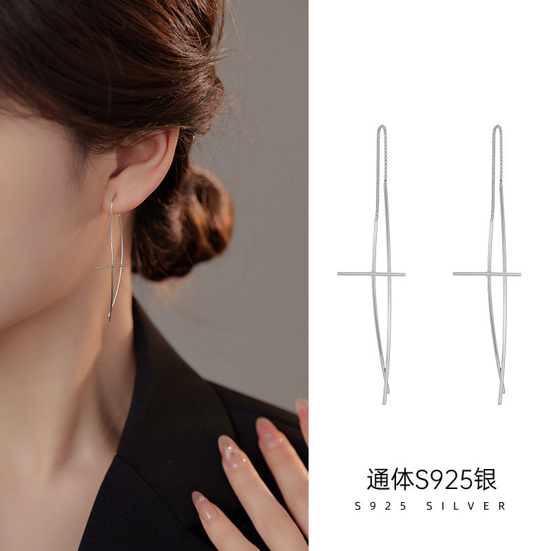 通体S925纯银冷淡风长款十字架耳线女韩版气质冷淡风个性耳环耳饰,饰品/流行首饰/时尚饰品新,银饰耳饰,淘宝优惠券,粉丝福利购,淘宝优惠卷