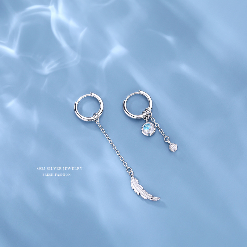 通体S925纯银不对称月光石耳环